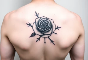 rose tattoo with thorns saying rise above all tattoo idea