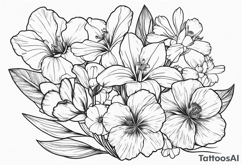 a minimalist style line art tattoo of a bouquet of violets, daffodils, gladiolus, and cosmos tattoo idea