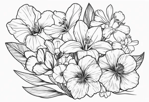 a minimalist style line art tattoo of a bouquet of violets, daffodils, gladiolus, and cosmos tattoo idea