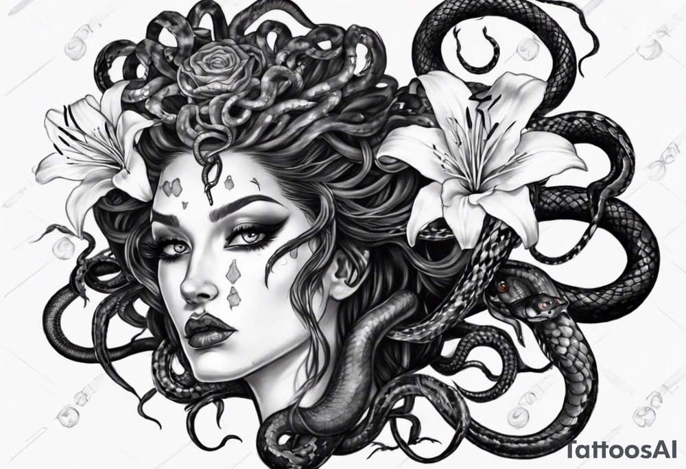 Dark/goth Medusa with white pupils and snake hair. Lilies tattoo idea
