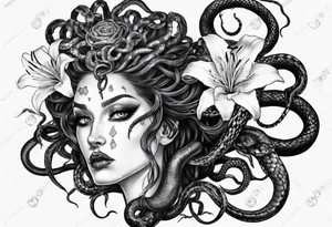 Dark/goth Medusa with white pupils and snake hair. Lilies tattoo idea