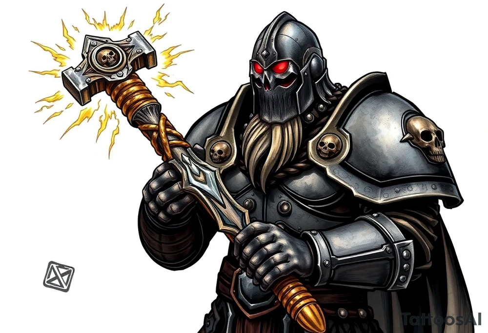 Warhammer, the Old World. A warrior priest of Sigmar holding The Warhammer of Sigmar. The Warhammer of Sigmar is radiating thunderous energy. The Warhammer is held by the warrior priest with both hands at the shaft with a firm grip, upon his chest level. The Warrior priest is wearing dark alloyed heavy armour (reference armor from warhammer vermintide 2 Victor Saltzpyres, the warrior priest of Sigmar class) with skull sigils on his shoulder pads. The warrior priest is wearing a helmet, while the helmets front visor has an humanoid metal face covering. The helmet and armour are gladened with hints of gold and crimson red. The Warhammer is silverish and golden with a long shaft with twisted carvings. tattoo idea