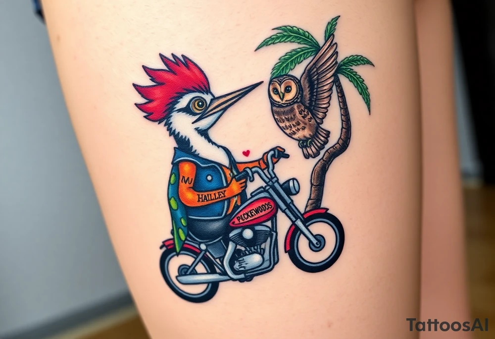 Woody the woodpecker wearing a leather vest that says peckerwoods, on a Harley Davidson under a palm tree, gazing in love at a barn owl tattoo idea