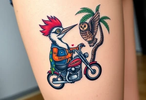 Woody the woodpecker wearing a leather vest that says peckerwoods, on a Harley Davidson under a palm tree, gazing in love at a barn owl tattoo idea