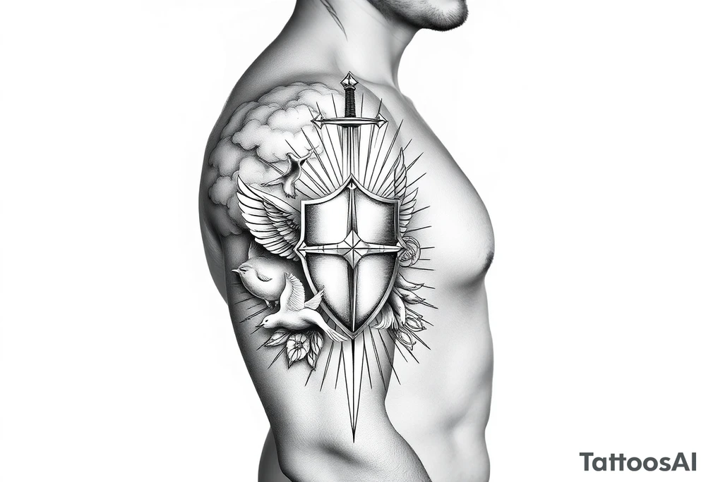 clouds, sword, shield, cross, birds, sun rays tattoo idea clouds, sword, shield, cross, birds, sun rays tattoo idea
