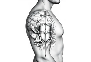 clouds, sword, shield, cross, birds, sun rays tattoo idea