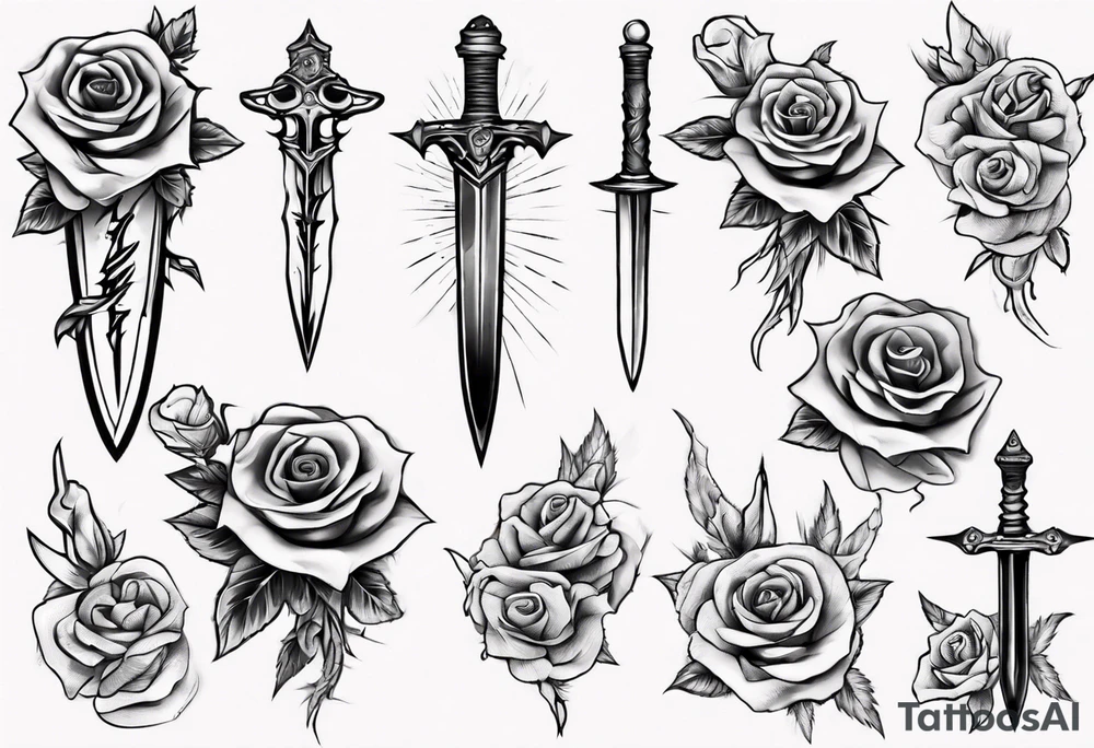 Dagger surrounded by roses tattoo idea