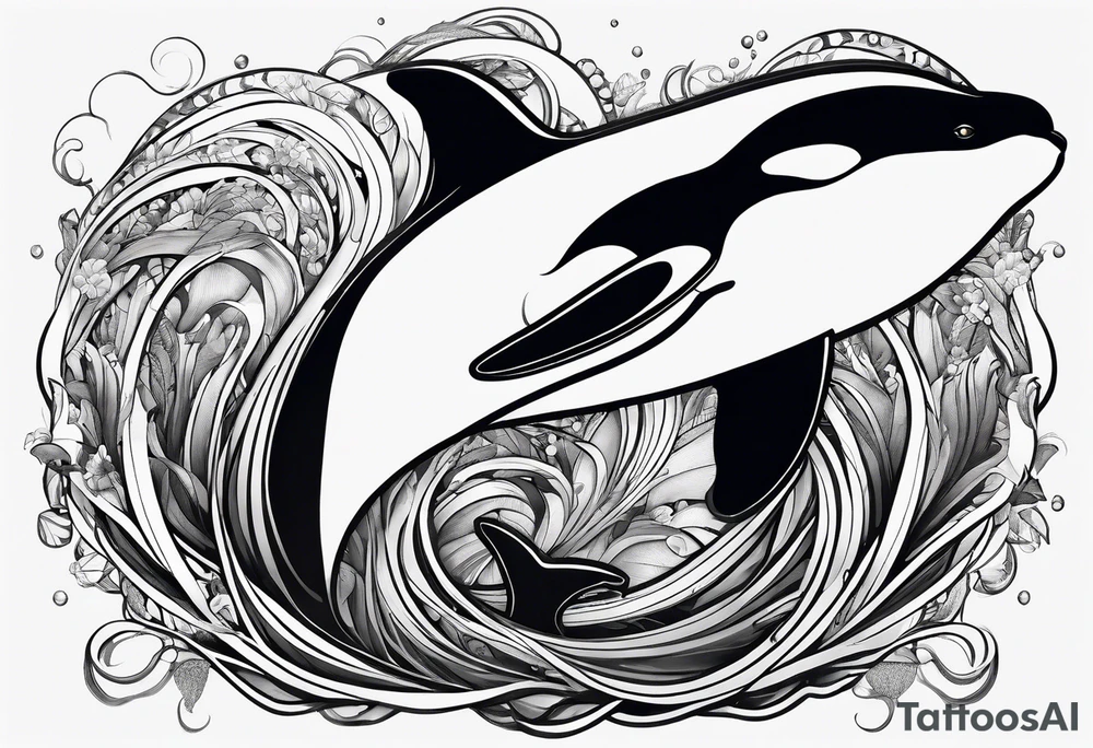 transient orca, flowing body, wrapped in kelp, smooth tattoo idea