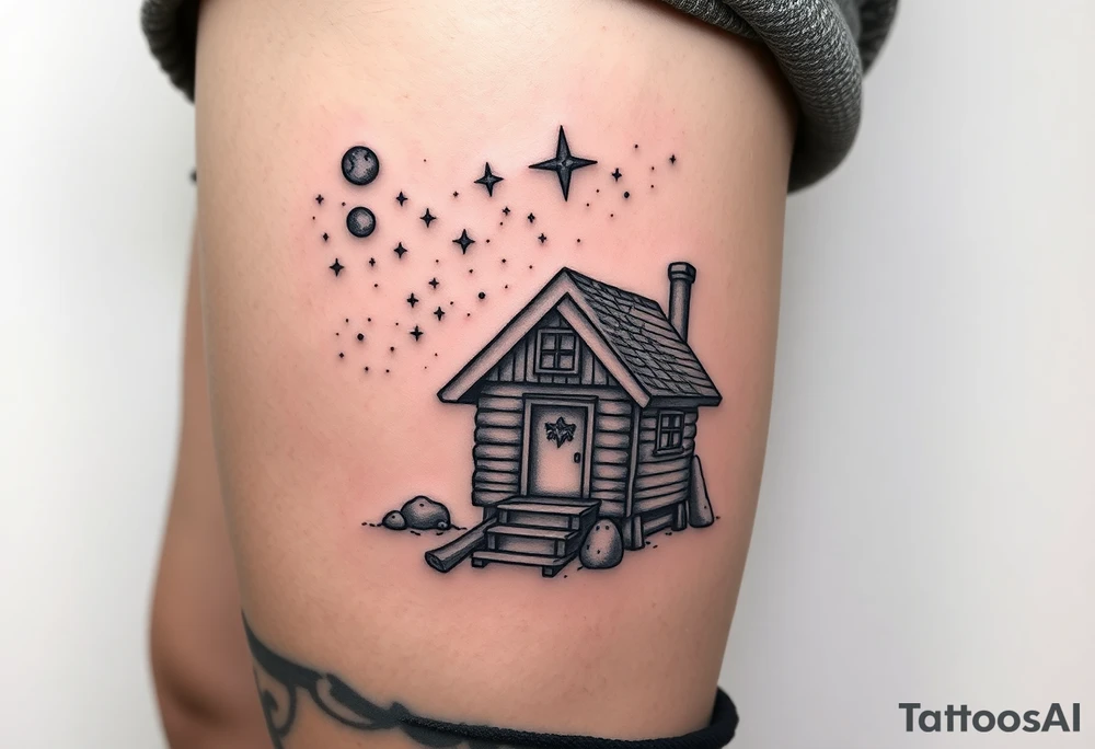 Tiny nordic house with cosmic sky and celestial details. With a pickaxe out the front of the house tattoo idea