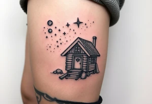 Tiny nordic house with cosmic sky and celestial details. With a pickaxe out the front of the house tattoo idea