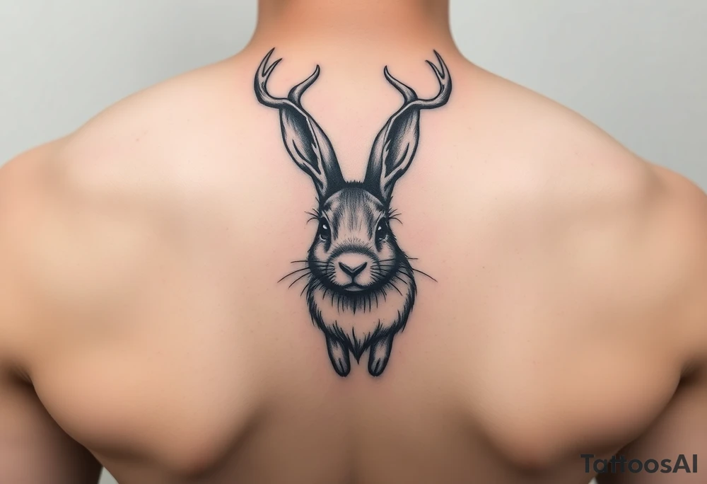 abstract jack rabbit with antlers coming out from its head, between the ears tattoo idea