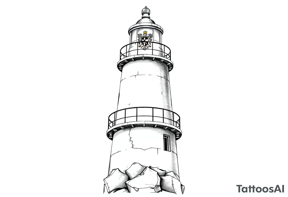 a whole lighthouse with a coat of arms incorporated into the roof tattoo idea