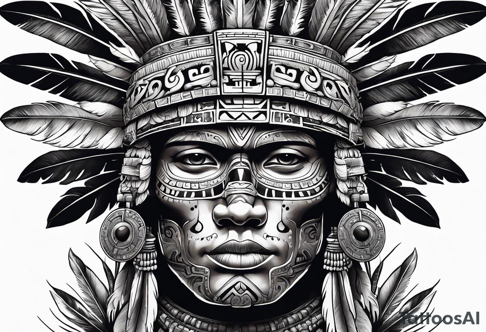 aztec god of death Mictlantecuhtli with long feathers around his head tattoo idea