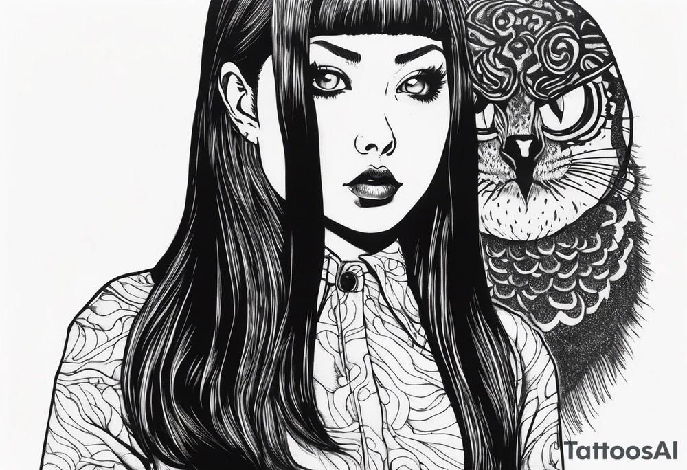 portrait of tomie a character by the horror author junji ito full body standing menacingly.  a mole below her left eye.  add more horror and gore elements tattoo idea