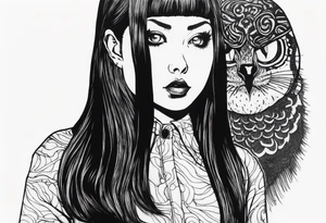 portrait of tomie a character by the horror author junji ito full body standing menacingly.  a mole below her left eye.  add more horror and gore elements tattoo idea