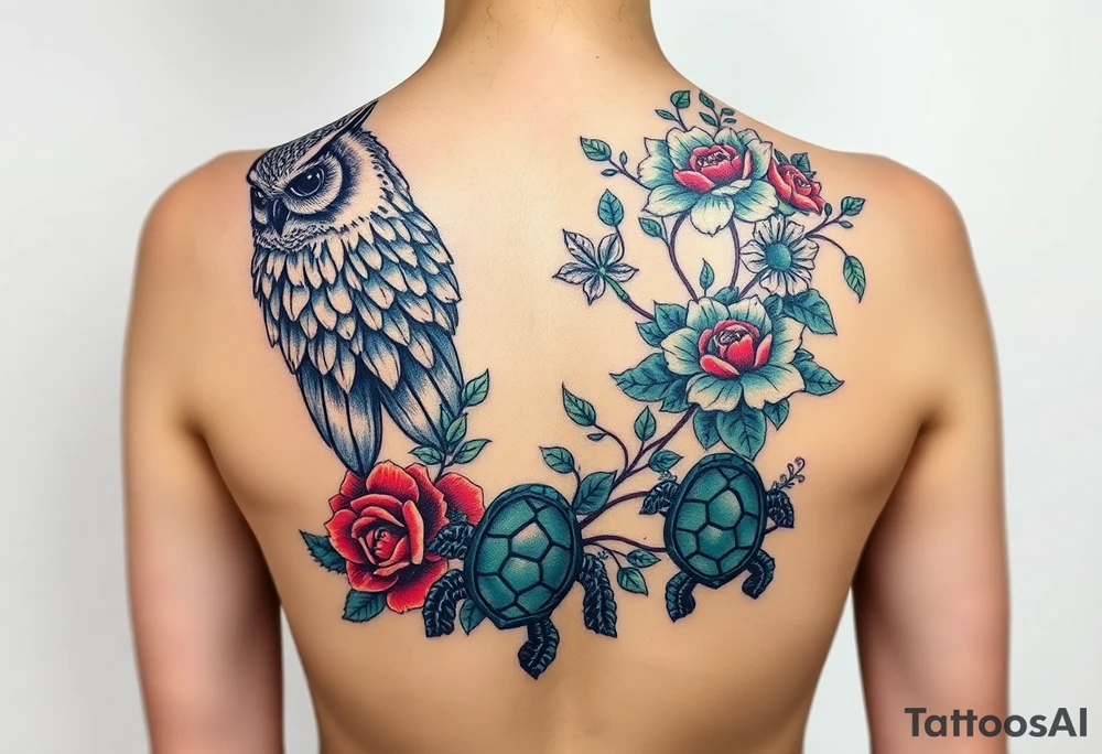 Full back owl on left shoulder flowers on right 3 turtles down spine use multiple rose and vine overlay to fill the empty areas tattoo idea