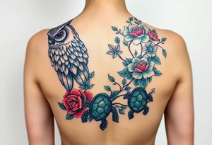 Full back owl on left shoulder flowers on right 3 turtles down spine use multiple rose and vine overlay to fill the empty areas tattoo idea
