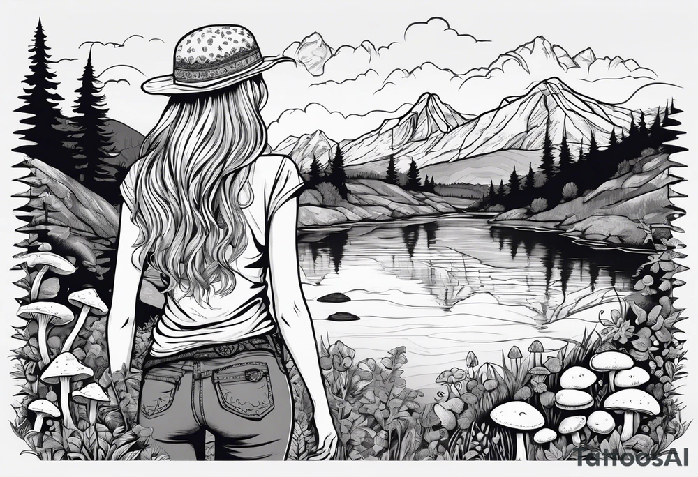 Straight long blonde hair hippie girl in distance holding mushrooms in hand facing away toward mountains and creek surrounded by mushrooms tee shirt and hiking pants tattoo idea
