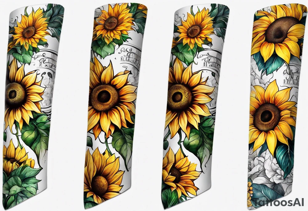 Arm sleeve Foral sunflower and roman numeral tattoo idea