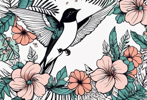 Swallow birds and floral background with ferns tattoo idea