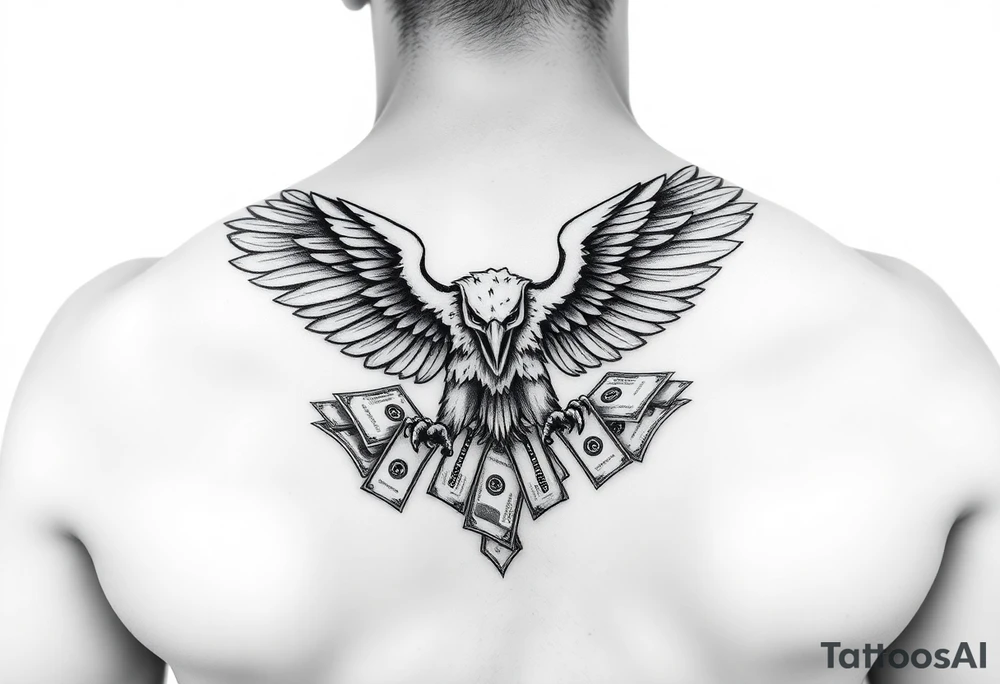 powerful eagle spreading wings and US dollar bills around for neck tattoo tattoo idea