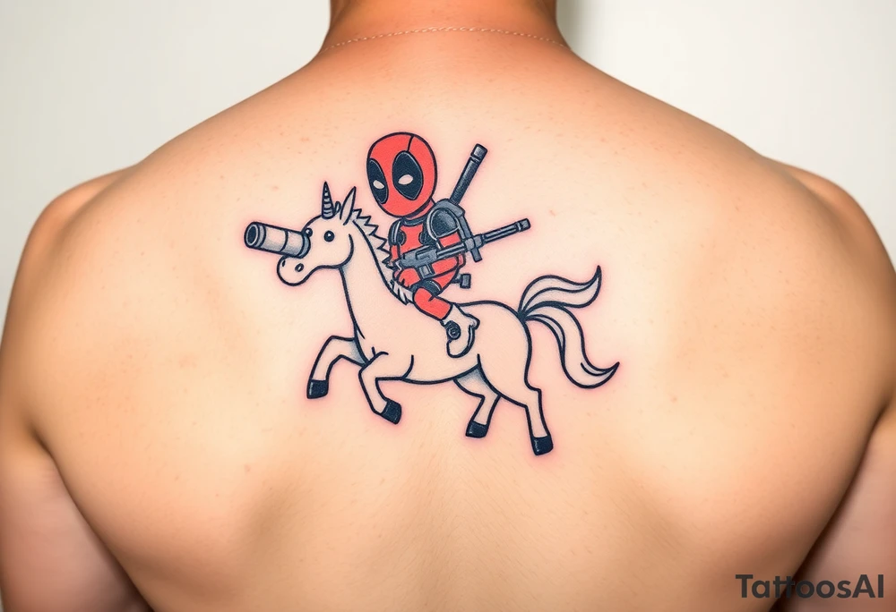 Deadpool riding cartoon unicorn holding rocket propelled grenade launcher tattoo idea