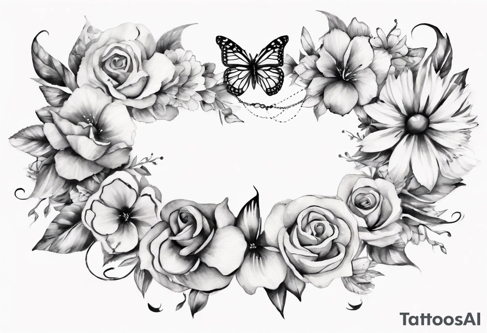 Ankle bracelet tattoo with flowers and butterflies and larger in the centre tattoo idea
