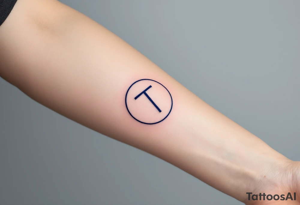 A minimalist "T" in solid navy blue, centered within a thin circle. tattoo idea