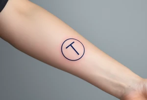 A minimalist "T" in solid navy blue, centered within a thin circle. tattoo idea
