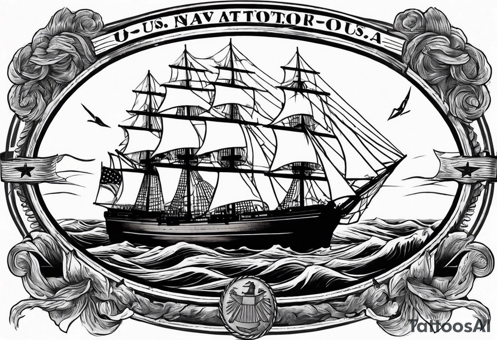 ship in rough seas, front porfile, in oval with rope border, super imposed over crossed cannons, banner at bottom that says US Navy tattoo idea