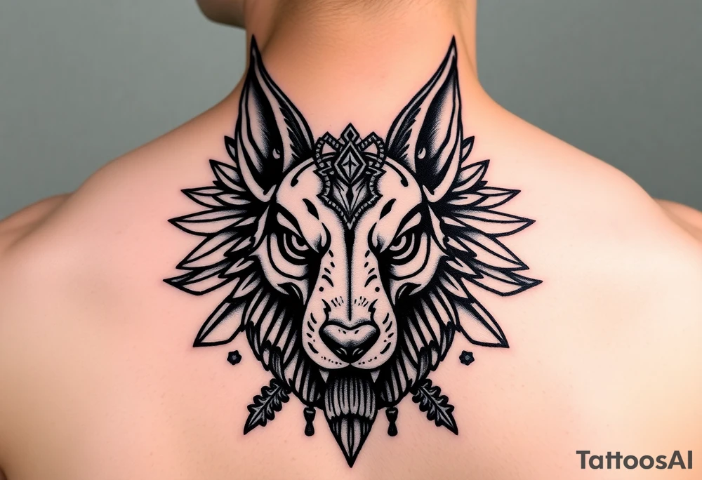 Egyptian Anubis god powerful face muscle in Egypt style dog face surrounded Egyptian symbols tattoo idea