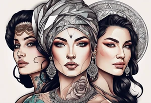 Three women's faces next to each other. The woman on the left a young woman18yo, the middle  is a mother40 yo the right is a grandmother 70yo tattoo idea