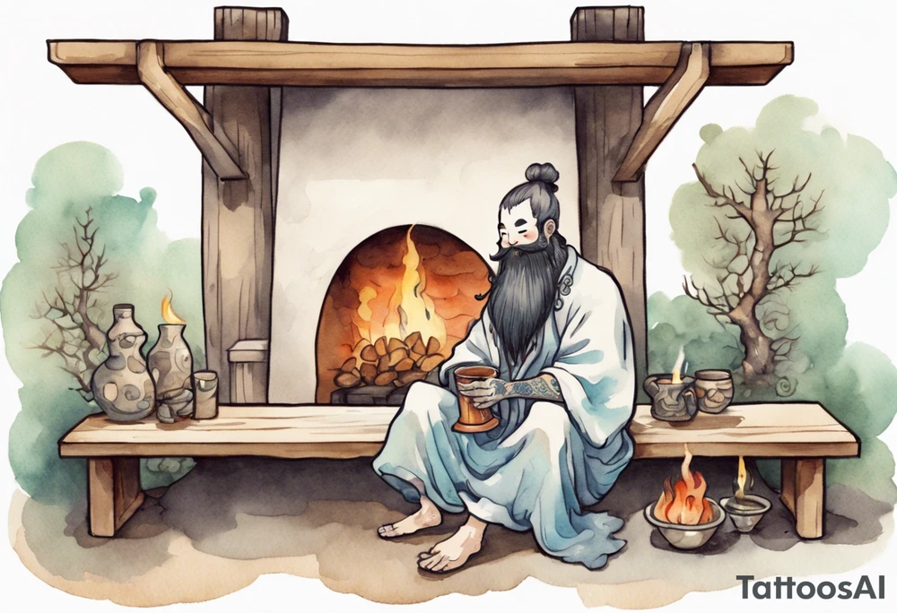 a myconid with a long beard wearing a tunic sitting on a bench by a fireplace drinking from a wood cup, smiling tattoo idea