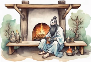 a myconid with a long beard wearing a tunic sitting on a bench by a fireplace drinking from a wood cup, smiling tattoo idea