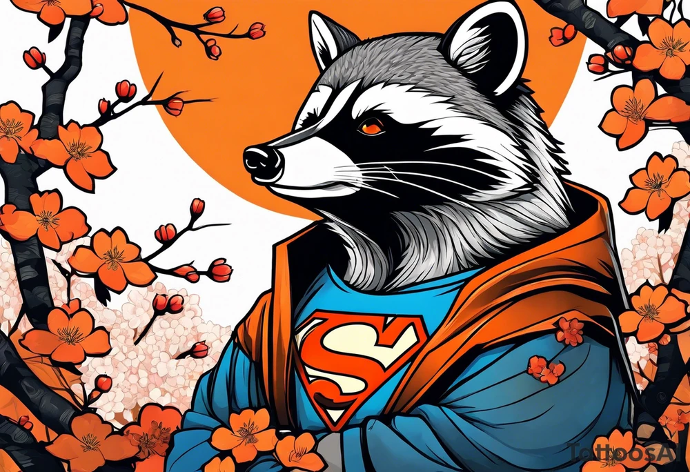 raccoon wearing a black and white Superman hoodie and orange Japanese cherry blossoms tattoo idea