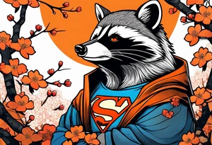 raccoon wearing a black and white Superman hoodie and orange Japanese cherry blossoms tattoo idea
