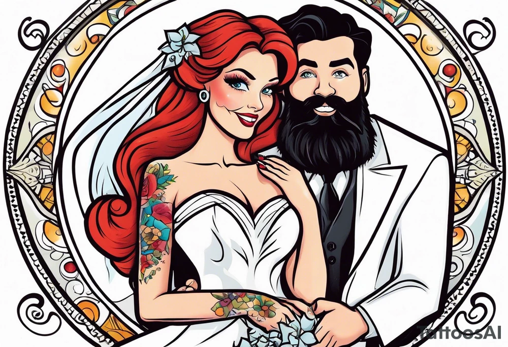 Busty red haired woman with a bearded man who has black hair getting married tattoo idea