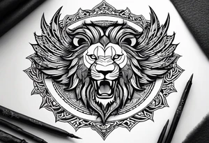 on a SOLID white BACKGROUND in the center, in a circle of weaving patterns, there is a black-and-white tattoo sketch: a lion in a grin stands against the background of a dragon with large wings tattoo idea