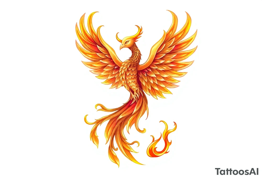 magnificent phoenix rising from golden flames with trailing embers tattoo idea