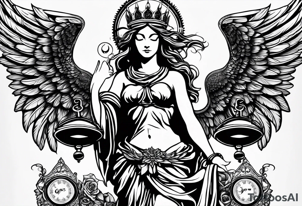 Imagine goddess Justitia with two wings, one angelic, one dark /ravenish. She holds a compass and a scale. There is a banderole wrapped around her body with the expression „MEMENTO VIVERE“ on it. tattoo idea