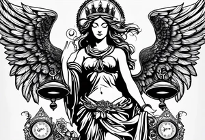 Imagine goddess Justitia with two wings, one angelic, one dark /ravenish. She holds a compass and a scale. There is a banderole wrapped around her body with the expression „MEMENTO VIVERE“ on it. tattoo idea