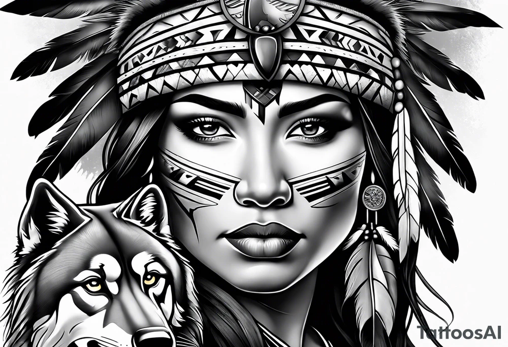 Native American woman chief with wolf tattoo idea