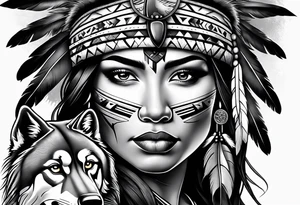 Native American woman chief with wolf tattoo idea