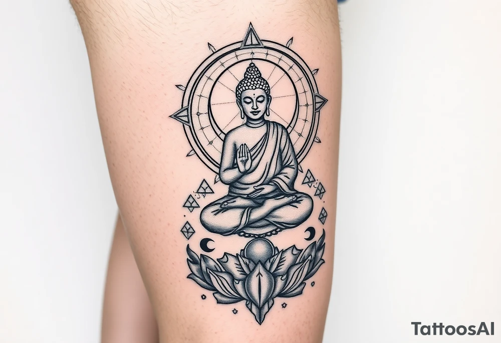 leg tattoo with buddha above knee on thigh, using sacred geometry and space themes tattoo idea