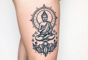 leg tattoo with buddha above knee on thigh, using sacred geometry and space themes tattoo idea