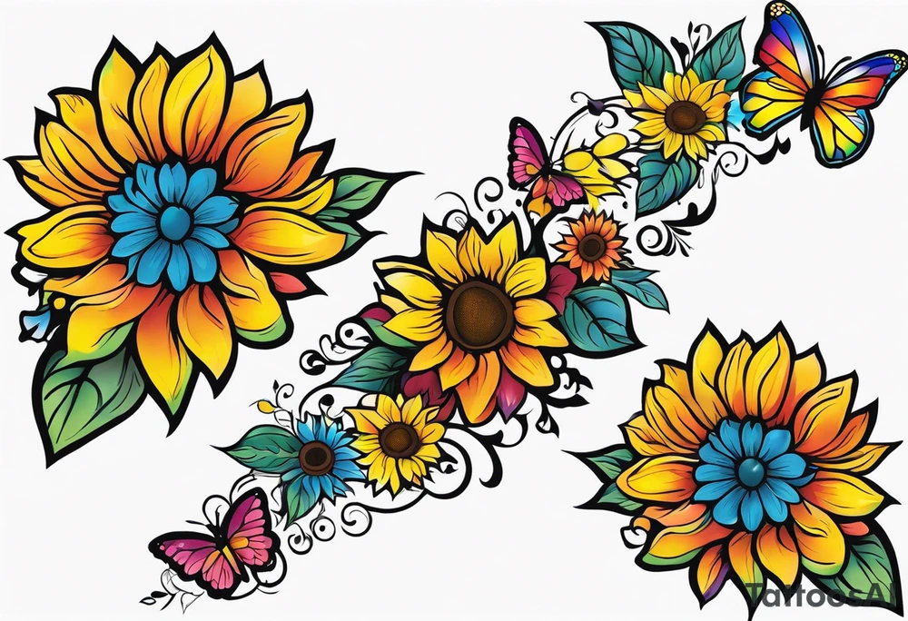 Memorial arm sleeve for mom with rainbow sunflowers and butterflies tattoo idea