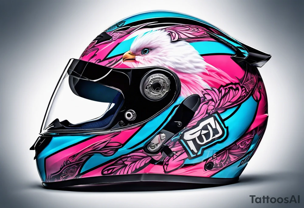 formula 1 helment with a palm three and black light blue and pink colors tattoo idea