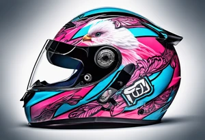 formula 1 helment with a palm three and black light blue and pink colors tattoo idea