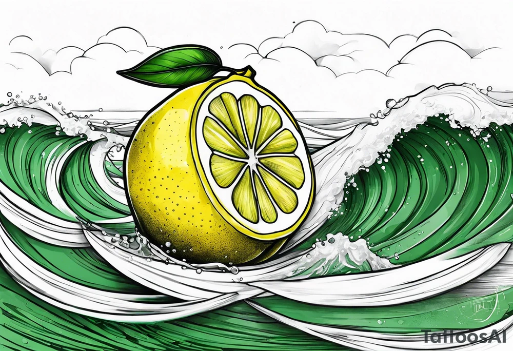 A lemon-Buoy with a green leaf-flag on waves tattoo idea