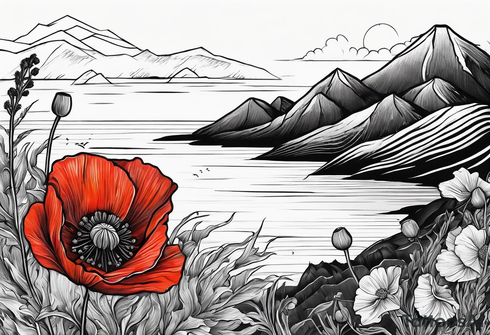 small poppy flower with mountains above it and the ocean below it tattoo idea